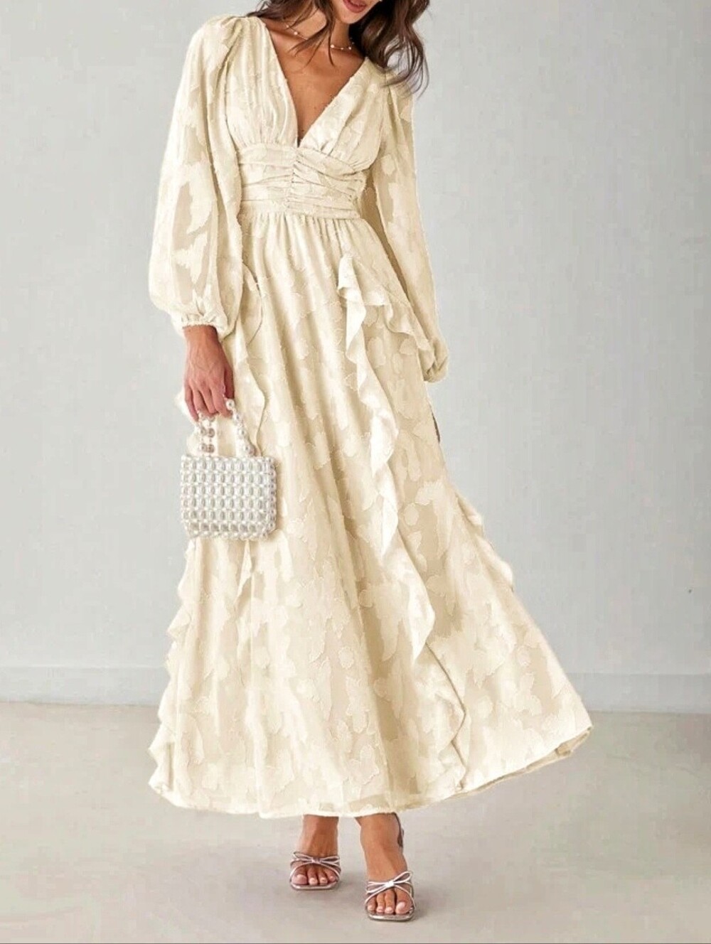 New Flowy Jacquard Ruffle Lantern Sleeve Ruched Waist Maxi Dress Ivory Cream - Picture 8 of 11